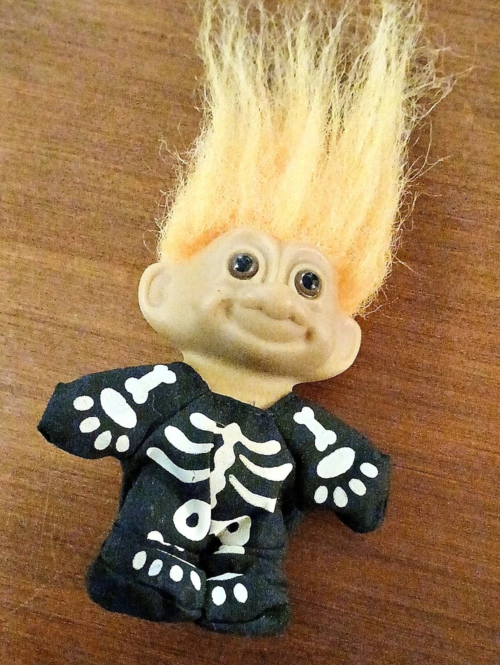 Vintage Russ Troll Doll In Halloween Skeleton Outfit & Orange Hair 3"